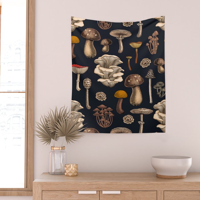 Wild Mushrooms  on graphite black Wall Tapestry Gallery Image 2