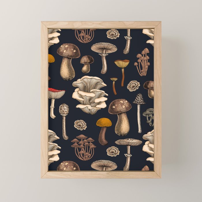 Wild Mushrooms  on graphite black Mini Art Print Gallery Image 1