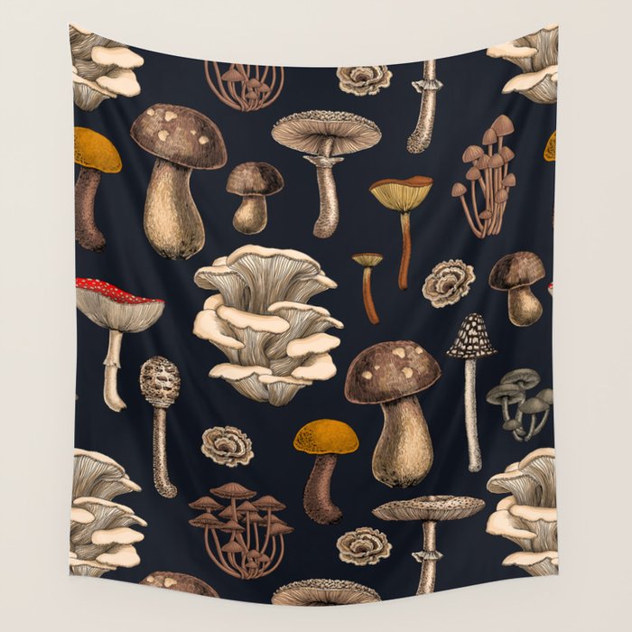Wild Mushrooms  on graphite black Wall Tapestry Gallery Image 4