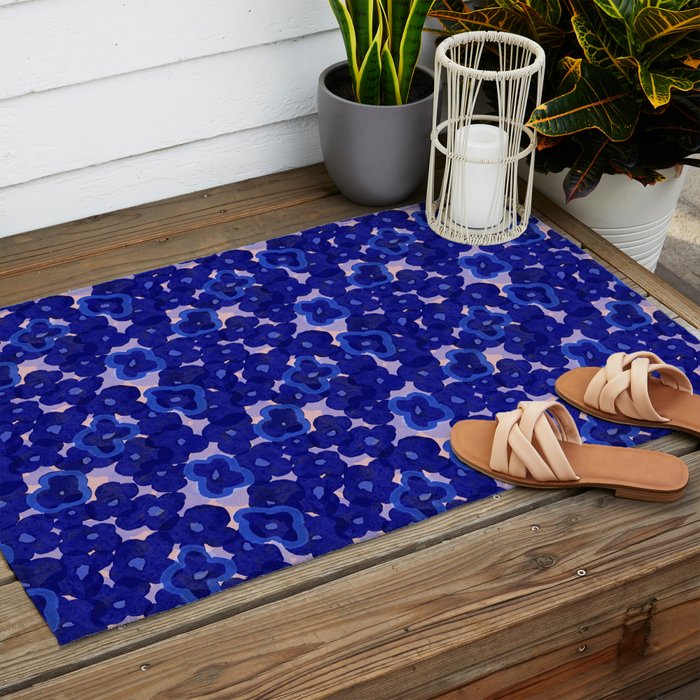 Indigo blue abstract floral pattern Outdoor Rug Gallery Image 2