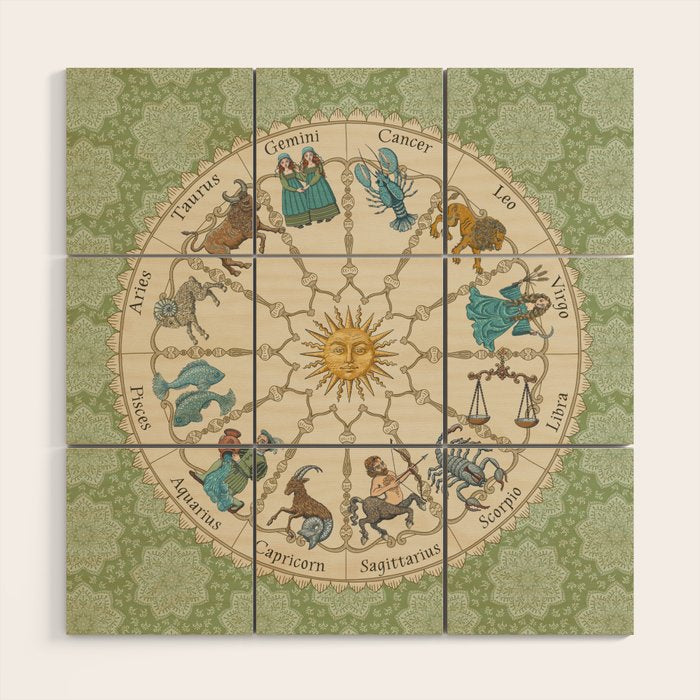 Vintage Astrology Zodiac Wheel Green Wood Wall Art Gallery Image 1