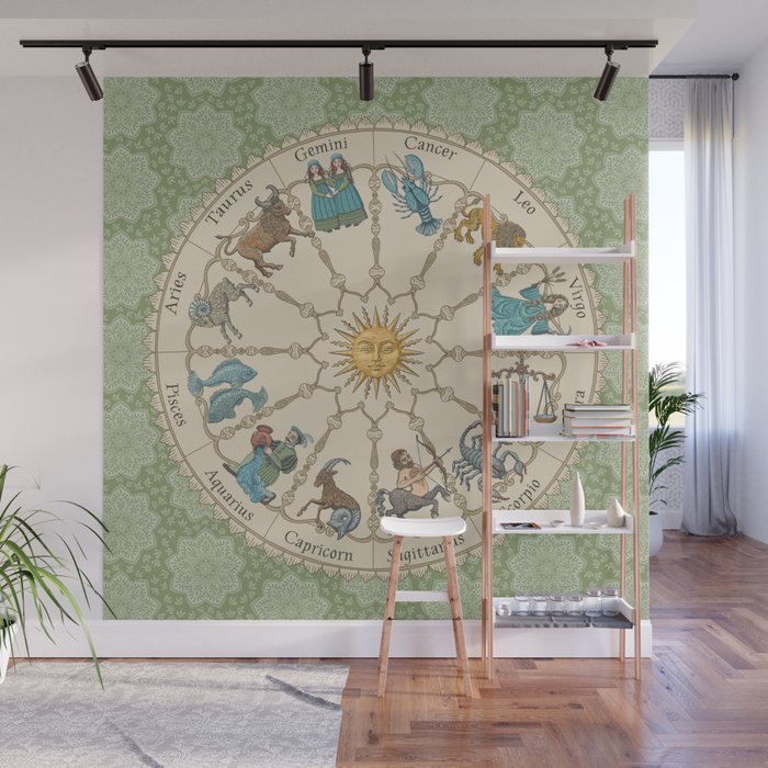 Vintage Astrology Zodiac Wheel Green Wall Mural Gallery Image 1
