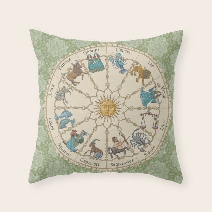 Vintage Astrology Zodiac Wheel Green Throw Pillow Gallery Image 6