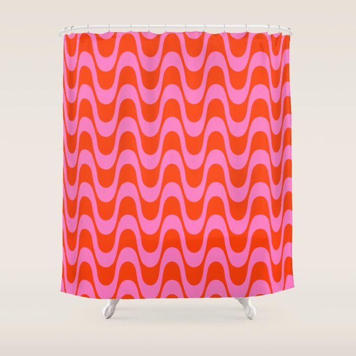 Retro Groovy Waves - Red and Pink Shower Curtain Gallery Image 1