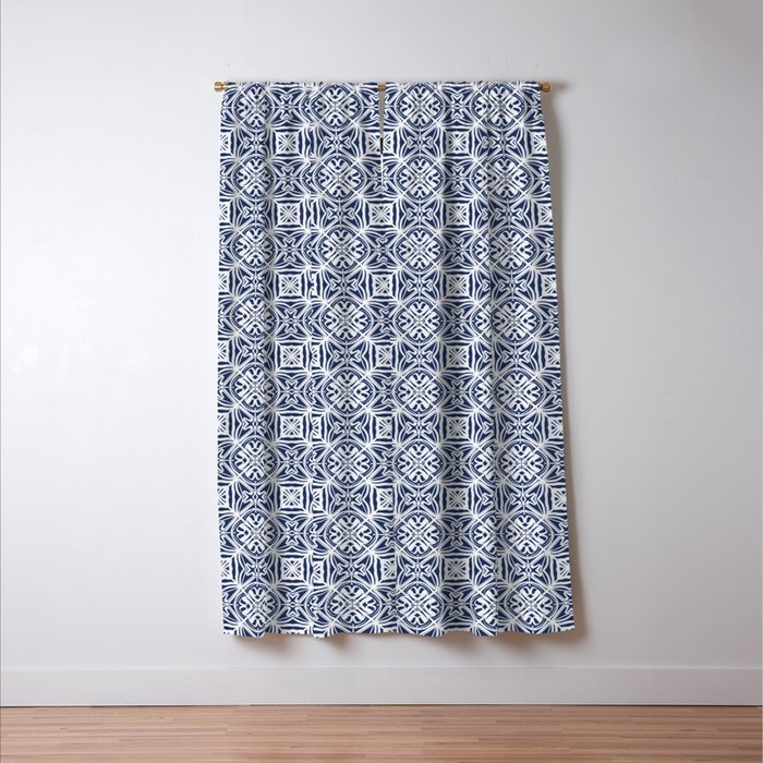Blue tile brushstroke pattern Window Curtain Gallery Image 3