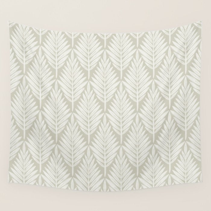 Linocut Palm Leaves . Neutral Wall Tapestry Gallery Image 1