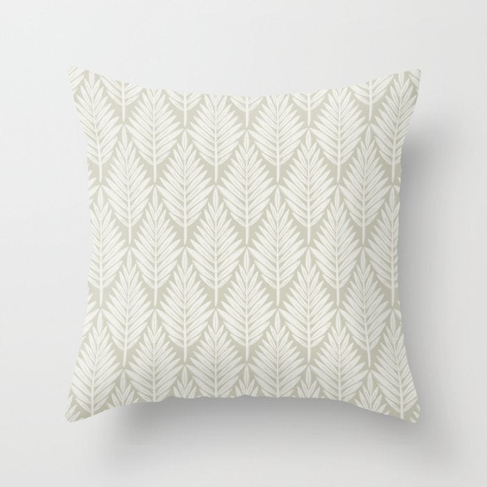 Linocut Palm Leaves . Neutral Throw Pillow Gallery Image 6