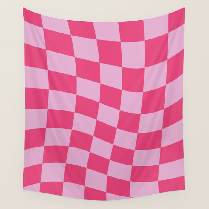 Hot Pink Wavy Checkered Pattern Wall Tapestry Gallery Image 1