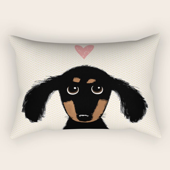 Dachshund Love | Cute Longhaired Black and Tan Wiener Dog Rectangular Pillow Gallery Image 1