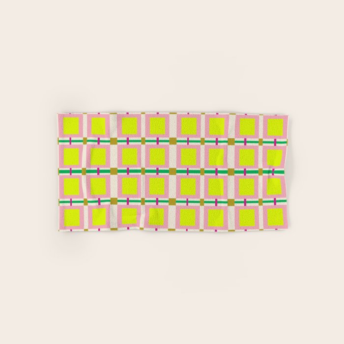 Vibrant Square Grid Pattern  Neon Lime and Pink  Bath Towel Gallery Image 1