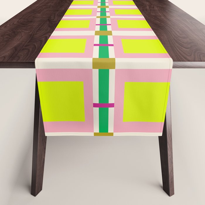 Vibrant Square Grid Pattern  Neon Lime and Pink  Table Runner Gallery Image 1