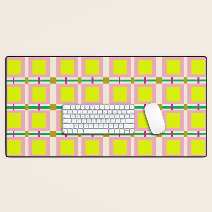 Vibrant Square Grid Pattern  Neon Lime and Pink  Desk Mat Gallery Image 1