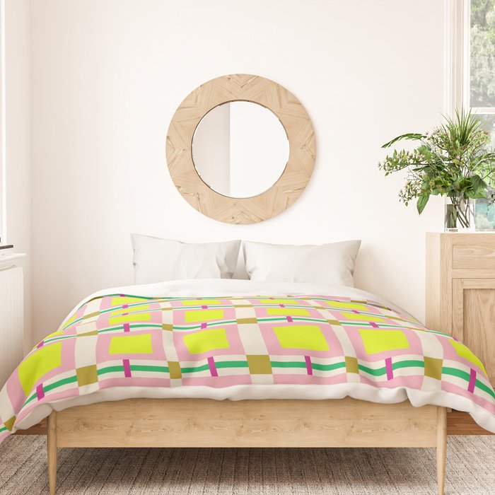 Vibrant Square Grid Pattern  Neon Lime and Pink  Duvet Cover Gallery Image 3