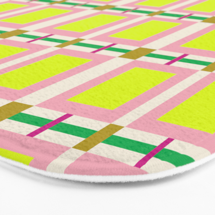 Vibrant Square Grid Pattern  Neon Lime and Pink  Bath Mat Gallery Image 3