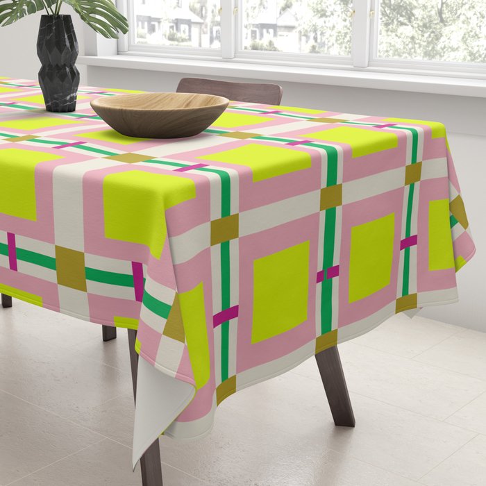 Vibrant Square Grid Pattern  Neon Lime and Pink  Tablecloth Gallery Image 3
