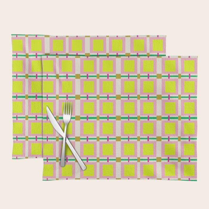 Vibrant Square Grid Pattern  Neon Lime and Pink  Placemat Gallery Image 1