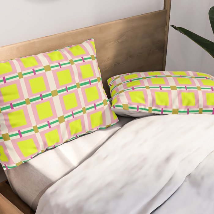 Vibrant Square Grid Pattern  Neon Lime and Pink  Pillow Sham Gallery Image 2