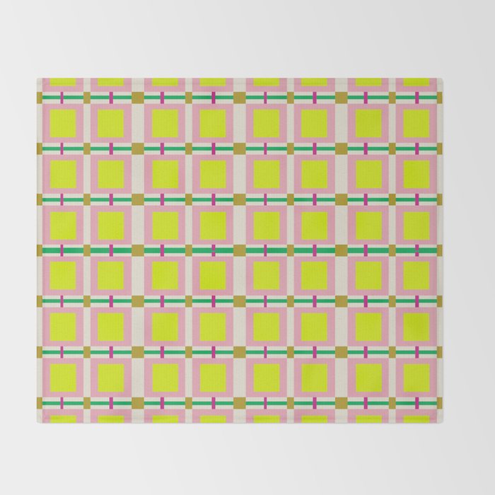 Vibrant Square Grid Pattern  Neon Lime and Pink  Throw Blanket Gallery Image 2