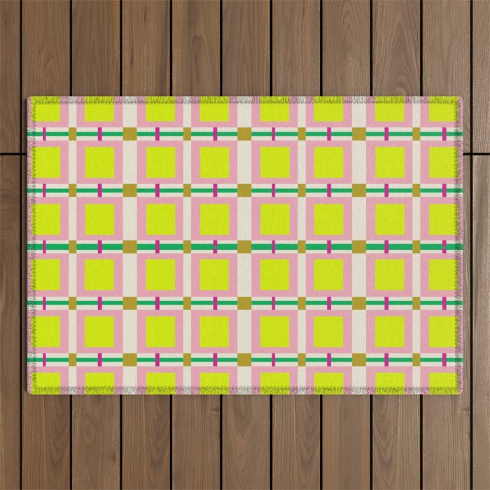Vibrant Square Grid Pattern  Neon Lime and Pink  Outdoor Rug Gallery Image 1