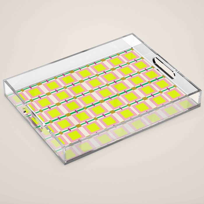 Vibrant Square Grid Pattern  Neon Lime and Pink  Acrylic Tray Gallery Image 1