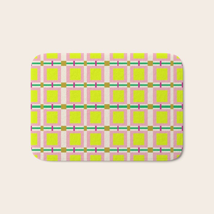 Vibrant Square Grid Pattern  Neon Lime and Pink  Bath Mat Gallery Image 1