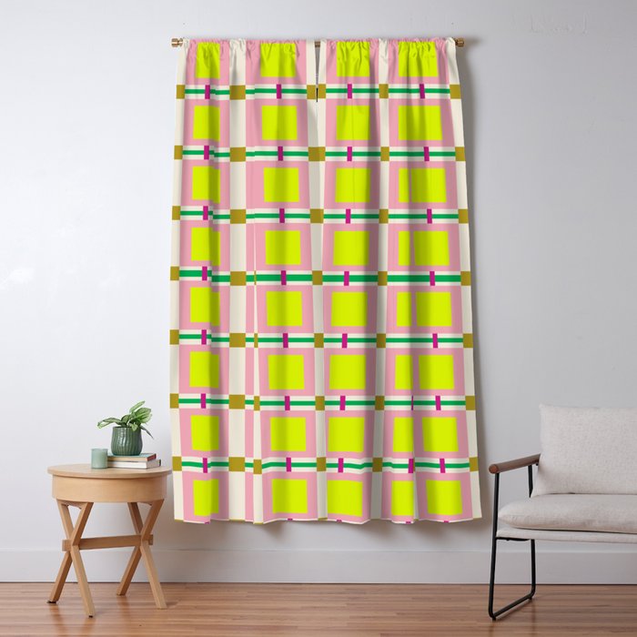 Vibrant Square Grid Pattern  Neon Lime and Pink  Window Curtain Gallery Image 5