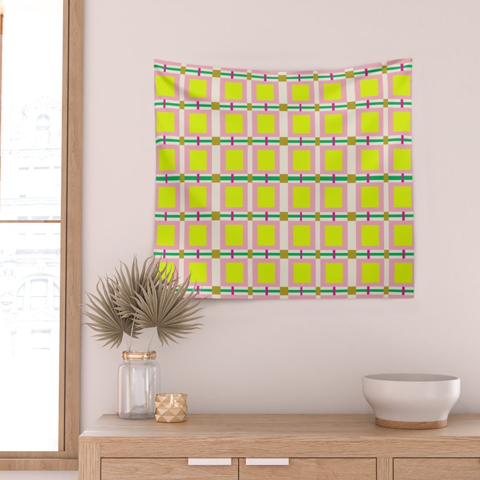 Vibrant Square Grid Pattern  Neon Lime and Pink  Wall Tapestry Gallery Image 2