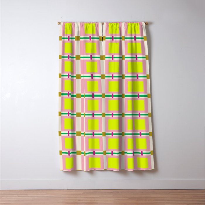 Vibrant Square Grid Pattern  Neon Lime and Pink  Window Curtain Gallery Image 3