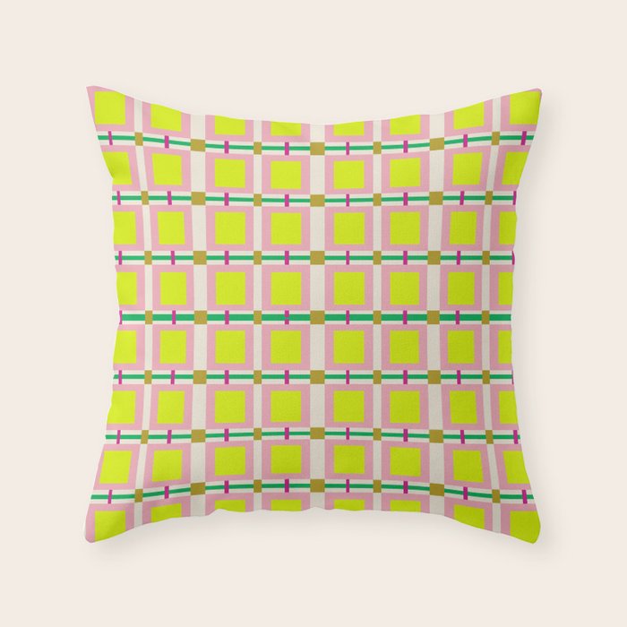 Vibrant Square Grid Pattern  Neon Lime and Pink  Throw Pillow Gallery Image 6
