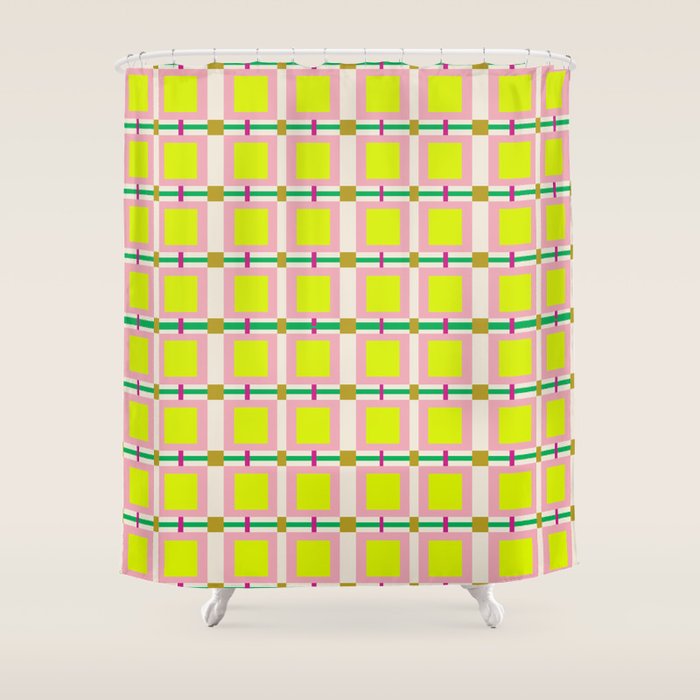 Vibrant Square Grid Pattern  Neon Lime and Pink  Shower Curtain Gallery Image 1