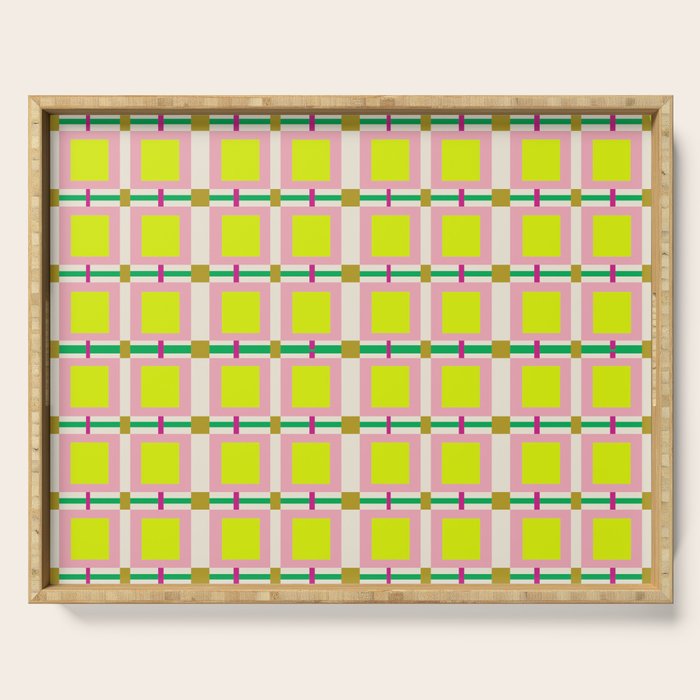 Vibrant Square Grid Pattern  Neon Lime and Pink  Serving Tray Gallery Image 1