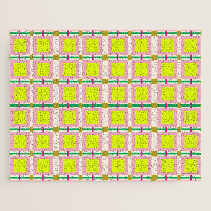 Vibrant Square Grid Pattern  Neon Lime and Pink  Jigsaw Puzzle Gallery Image 1