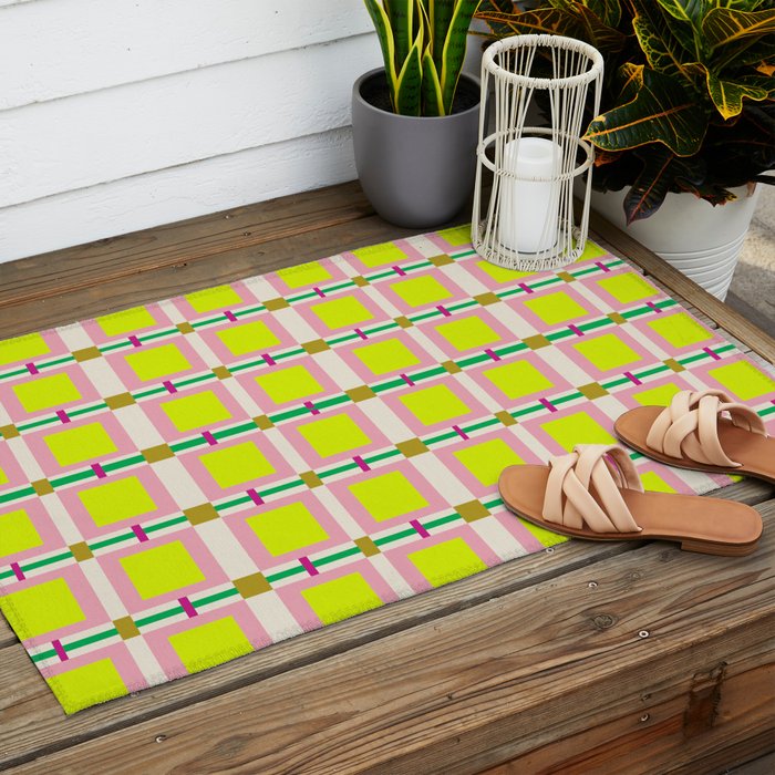 Vibrant Square Grid Pattern  Neon Lime and Pink  Outdoor Rug Gallery Image 2