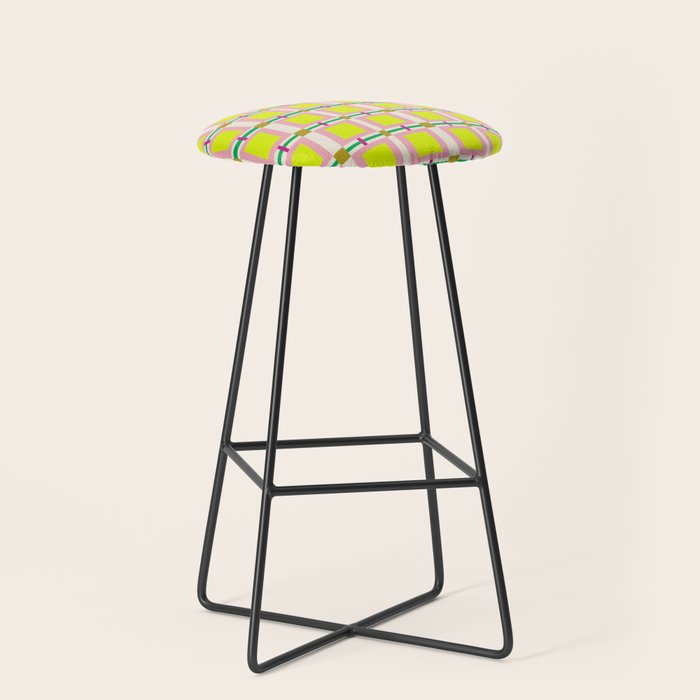 Vibrant Square Grid Pattern  Neon Lime and Pink  Stool Gallery Image 1