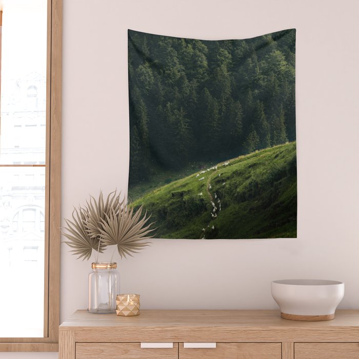 Sheep Trail in a Forest during a calm morning Wall Tapestry Gallery Image 2