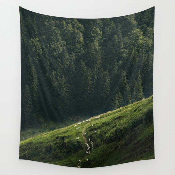 Sheep Trail in a Forest during a calm morning Wall Tapestry Gallery Image 4