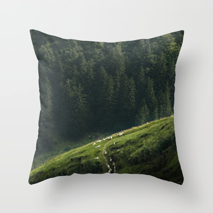 Sheep Trail in a Forest during a calm morning Throw Pillow Gallery Image 6