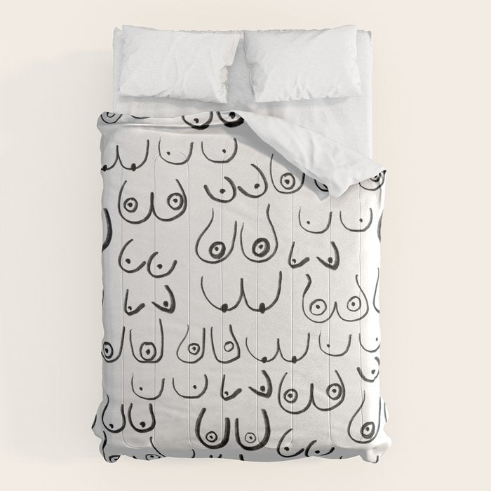 Boobs Pattern - black and white line drawing, life drawing, feminine art Comforter Gallery Image 1