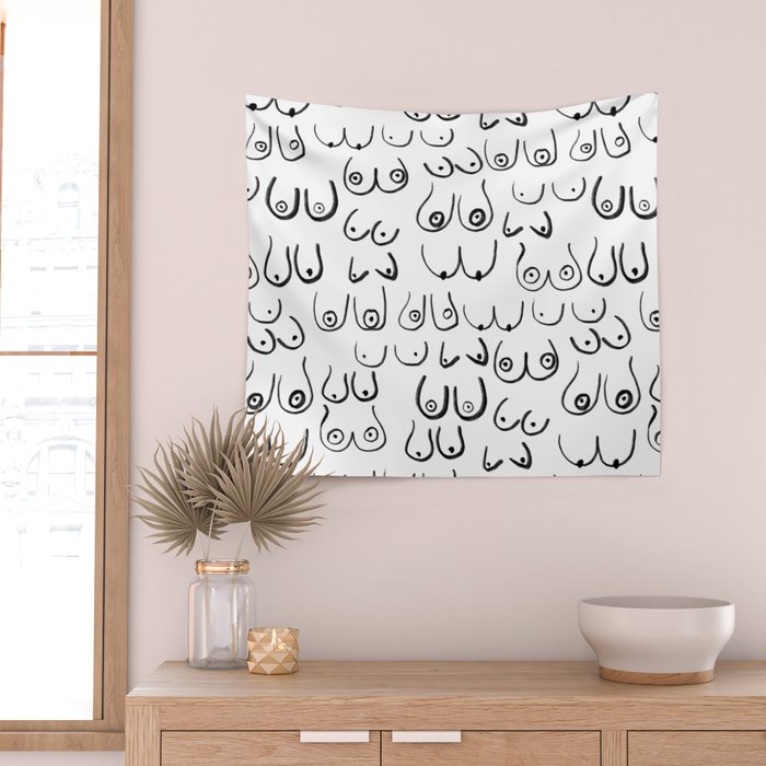 Boobs Pattern - black and white line drawing, life drawing, feminine art Wall Tapestry Gallery Image 2