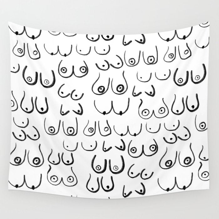 Boobs Pattern - black and white line drawing, life drawing, feminine art Wall Tapestry Gallery Image 4