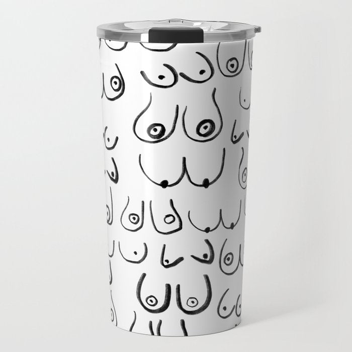 Boobs Pattern - black and white line drawing, life drawing, feminine art Travel Mug Gallery Image 1