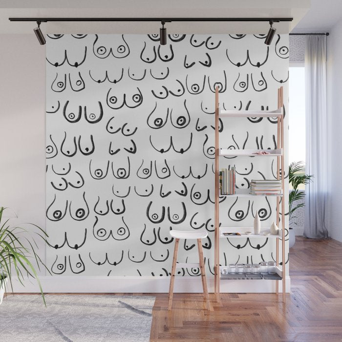 Boobs Pattern - black and white line drawing, life drawing, feminine art Wall Mural Gallery Image 1