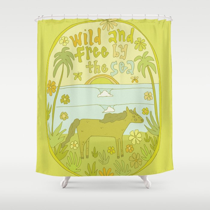 wild horses by the sea // retro surf art by surfy birdy Shower Curtain Gallery Image 1