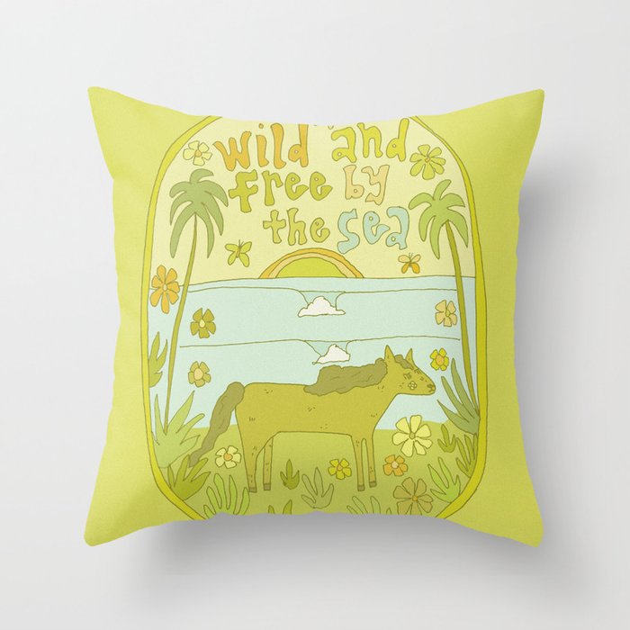 wild horses by the sea // retro surf art by surfy birdy Throw Pillow Gallery Image 1