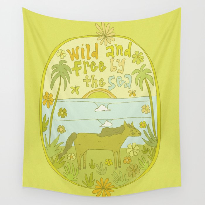 wild horses by the sea // retro surf art by surfy birdy Wall Tapestry Gallery Image 1