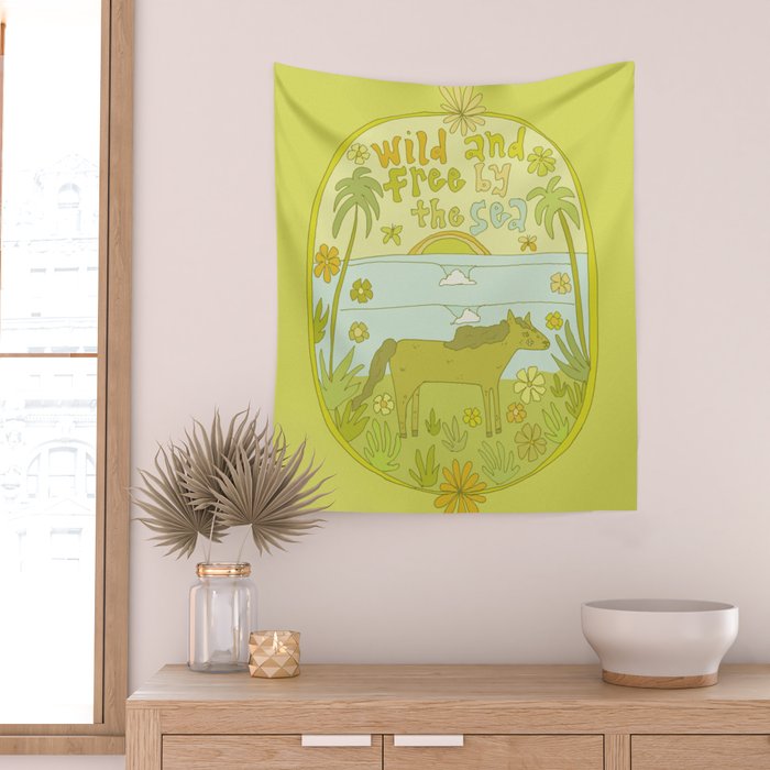 wild horses by the sea // retro surf art by surfy birdy Wall Tapestry Gallery Image 2