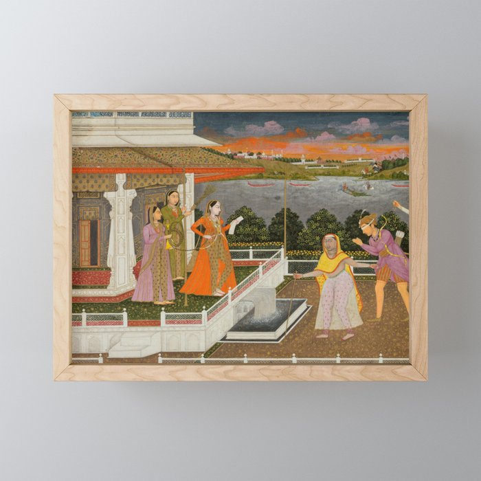 A blindfolded suitor is brought before a princess; verso/ scrolling floral vines 1755 Fayzullah Indian Miniature Painting  Mini Art Print Gallery Image 1