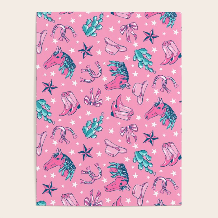 Cowgirl Christmas - pink and teal Poster Gallery Image 1