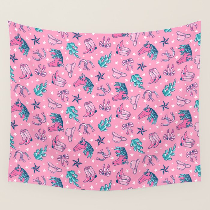 Cowgirl Christmas - pink and teal Wall Tapestry Gallery Image 1