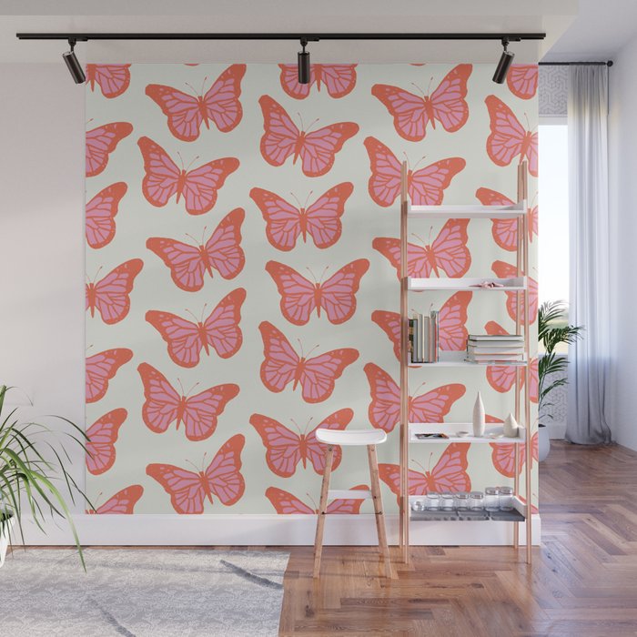Pink and Orange Butterflies Pattern  Wall Mural Gallery Image 1